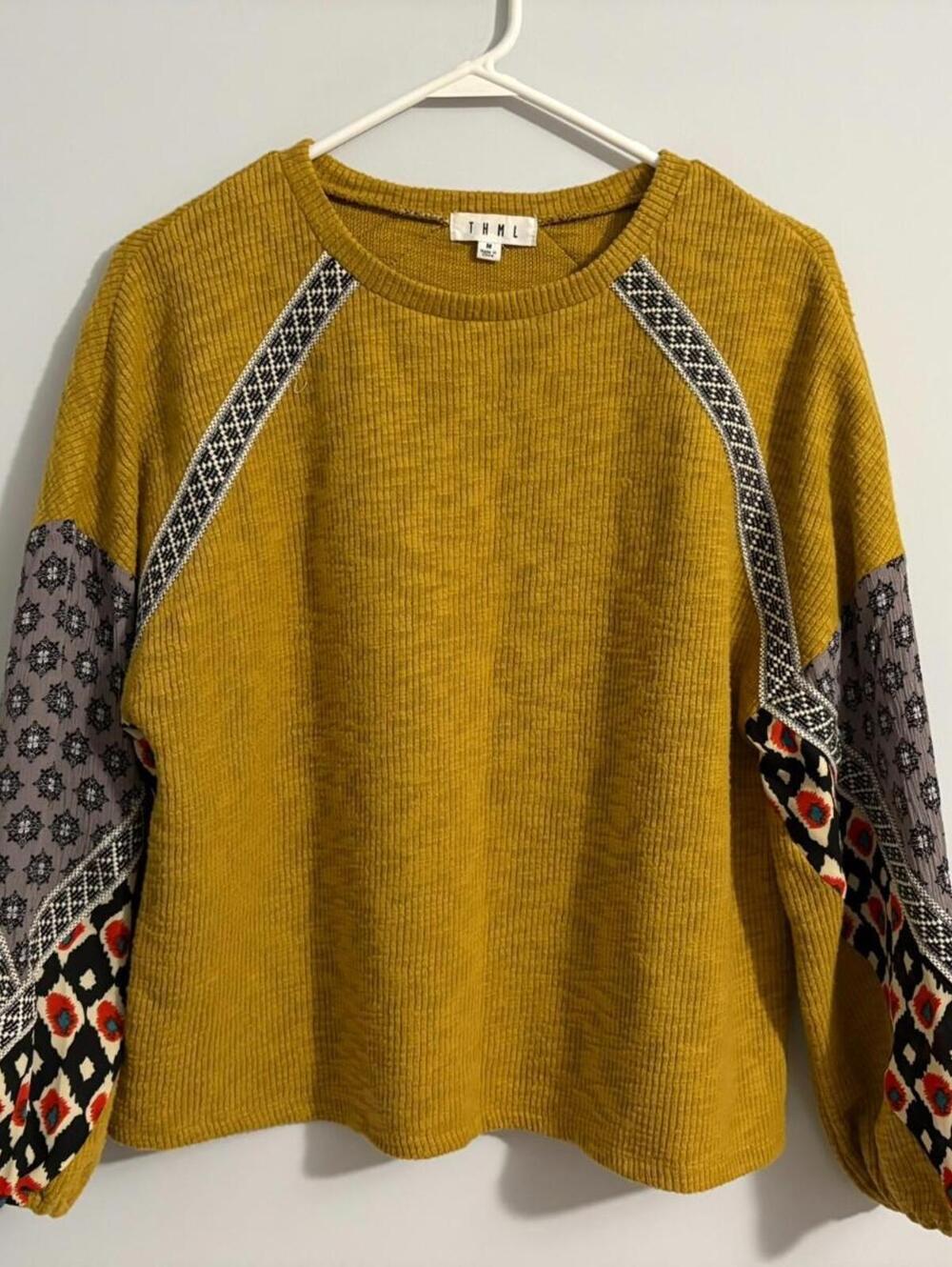 THML Ribbed Top Mustard Yellow Medium Patchwork Sleeves Decorative Trim Boho